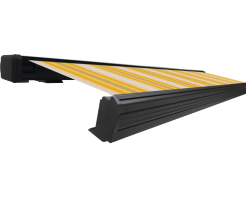 SOLUNA Kassettenmarkise Exquisit 4x2 Dessin 30A774 Gestell DB703 dunkelgrau Antrieb links inkl. Motor und Wandschalter Markise mit Streifenmuster