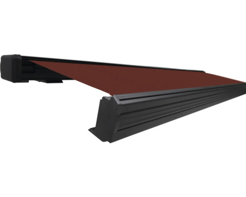 SOLUNA Kassettenmarkise Exquisit 6x3 Dessin S2209 Gestell DB703 dunkelgrau Antrieb links inkl. Motor und Wandschalter Halboffene Markise mit schwarzem Gestell