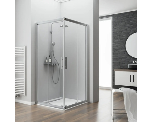 Entrée en angle Kristall/Trend 900x900 mm verre véritable transparent alu nature Cabine de douche d''angle avec robinetterie et étagère dans une salle de bains