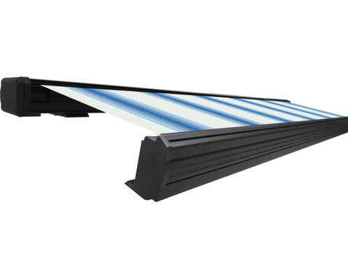 SOLUNA Kassettenmarkise Exquisit 5x2 Stoff Dessin 320234 Gestell DB703 dunkelgrau ink. Motor und Wandschalter links Gelenkarmmarkise mit blau-weissen Streifen