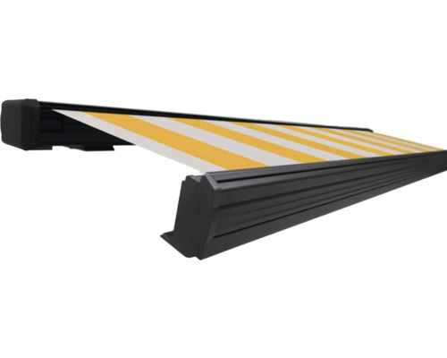 SOLUNA Kassettenmarkise Exquisit 3x2 Stoff Dessin 1012 Gestell DB703 dunkelgrau Antrieb links inkl. Motor und Wandschalter Markise mit gelb-weiß gestreiftem Stoff