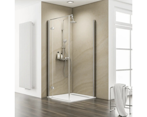 Porte pivotante avec paroi latérale SCHULTE ExpressPlus MasterClass 90x90 cm tirant gauche verre transparent couleur de profilé chrome montage sur carrelage