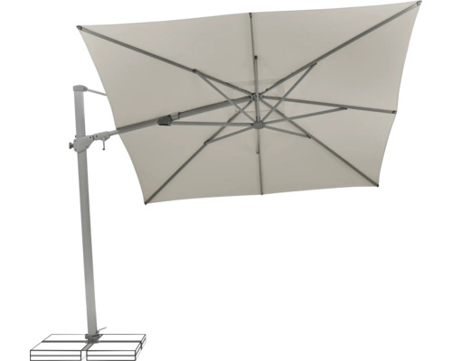 Freiarmschirm mit rechteckigem Schirmdach und Schirmständer
