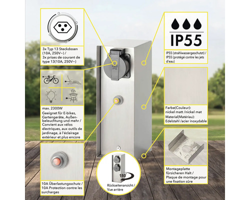 Steckdosensäule aus Edelstahl mit IP55 Schutz