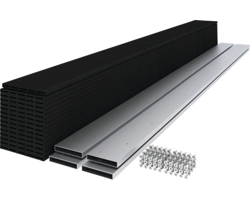 Terrassendielen aus Kunststoff mit Unterkonstruktion und Befestigungsmaterial