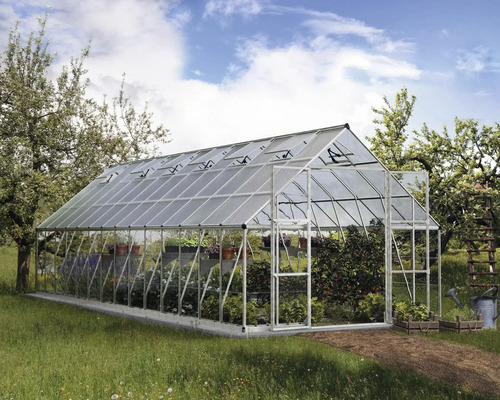 Palram – Canopia Gewächshaus Balance Polycarbonat 0.7 mm 304x844 cm silber Gewächshaus mit Pflanzen im Garten