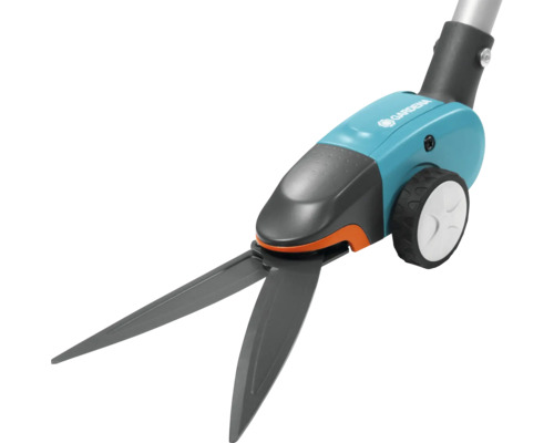 Logo Gardena, cisaille à gazon avec roues
