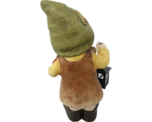 Figurine de jardin nain avec lanterne vue de derrière