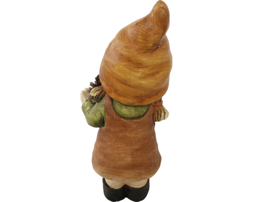 Rückansicht einer Gartenzwergfigur mit Mütze und Overall
