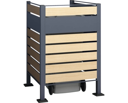 Cache-poubelle avec revêtement en bois et éléments métalliques