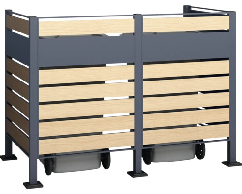 Double coffre à poubelles en métal et en bois avec roues