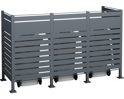 Cache-conteneurs pour trois poubelles en métal avec des lattes horizontales