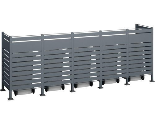 Cache-conteneurs gris avec aspect à lattes et roulettes pour stocker les poubelles à l''extérieur