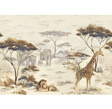 Papier peint safari avec éléphants, lion et girafe
