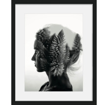 Gerahmtes Bild mit dem Profil einer Frau, überlagert von Blumen