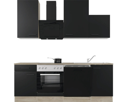 Cuisine complète avec éléments hauts, hotte aspirante, évier, cuisinière et lave-vaisselle