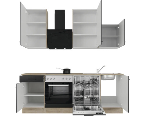 Cuisine avec évier, lave-vaisselle, cuisinière, hotte et armoires