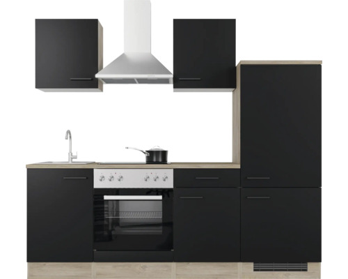 Cuisine complète avec évier, cuisinière, four, hotte aspirante et armoires