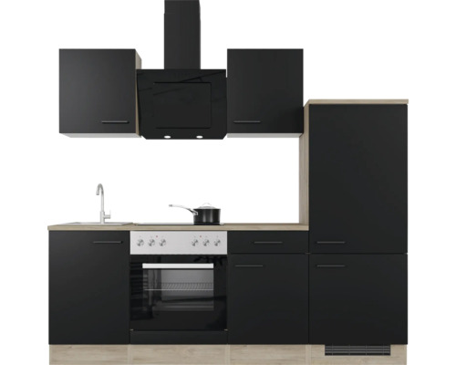 Cuisine complète avec évier, cuisinière, four, hotte et armoires