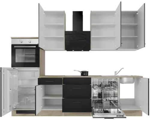Komplette Küchenzeile mit Elektrogeräten, Spüle und Hängeschränken