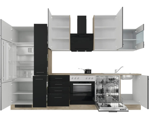 Cuisine complète avec appareils électriques, comprenant un réfrigérateur, un lave-vaisselle, une cuisinière, un four et une hotte aspirante.