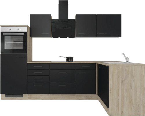 Küchenzeile mit Hängeschränken, Dunstabzugshaube, Spüle und Einbaubackofen