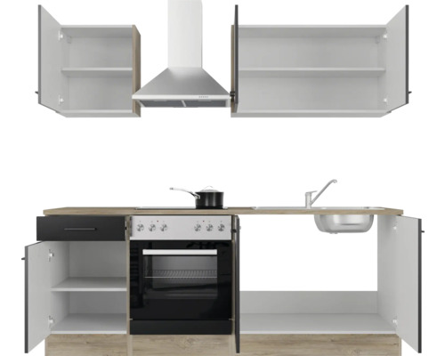 Cuisine équipée avec placards hauts, hotte aspirante, évier, cuisinière et four