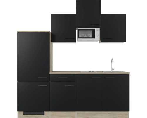 Komplette Küchenzeile mit Spüle, Armatur, Mikrowelle und Schränken