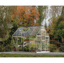 Serre avec étagères à plantes dans le jardin