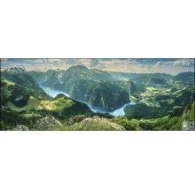 Panorama d''un paysage avec des montagnes, des forêts et un lac
