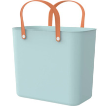 Hellblaue Tragetasche mit orangefarbenen Griffen