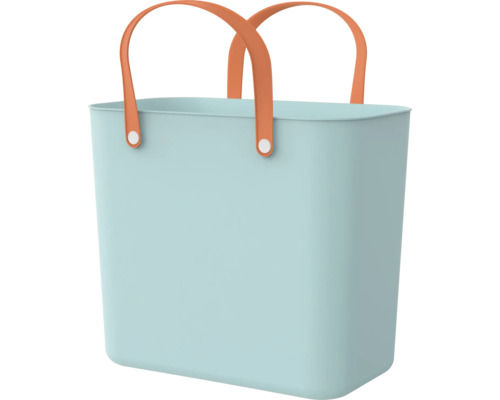 Hellblaue Tragetasche mit orangefarbenen Griffen