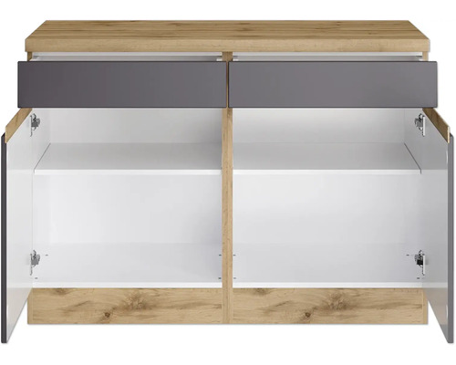 Commode avec deux tiroirs et deux compartiments d''armoires ouverts