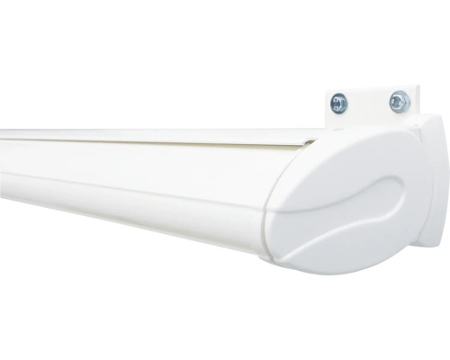 Detail einer weißen Markise mit Befestigung