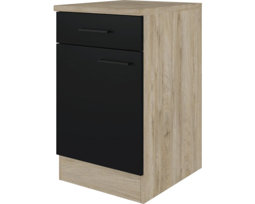 Unterschrank mit Schublade und Drehtür Flex Well Capri BxHxT 50x85x60 cm Frontfarbe schwarz - Korpusfarbe endgrain oak Unterschrank mit Schublade und Drehtür Flex Well Capri BxHxT 50x85x60 cm Frontfarbe schwarz - Korpusfarbe endgrain oak