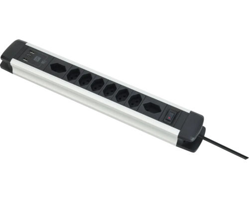 Steckdosenleiste 8 x T13 2 m schwarz silber Steckdosenleiste mit acht Steckdosen, USB-Anschlüssen und Schalter