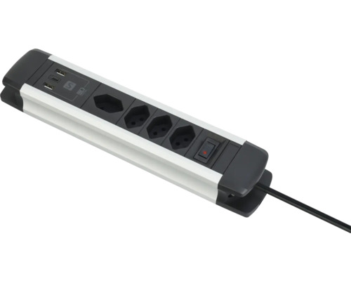 Steckdosenleiste 4 x T13 2 m schwarz silber Steckdosenleiste mit USB Anschlüssen und Schalter