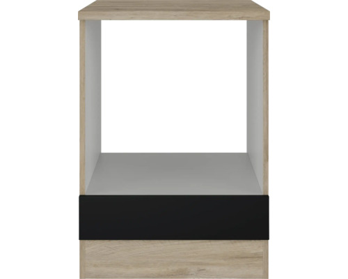 Offenes Küchenschrankmodul mit Holzoptik und schwarzer Blende