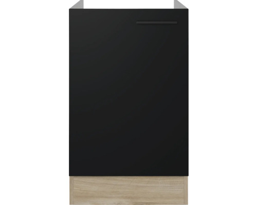Armoire haute de cuisine avec façade noire et socle décor bois