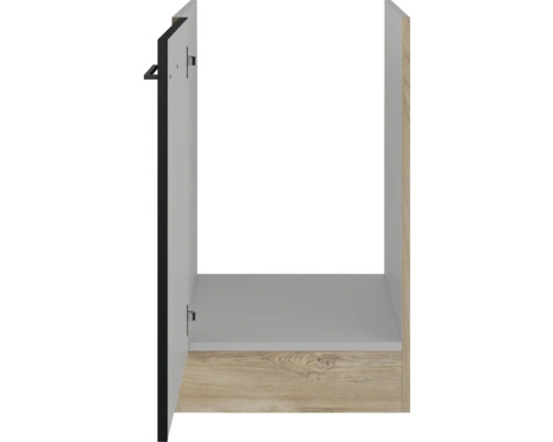 Meuble bas de cuisine avec porte ouverte et étagère