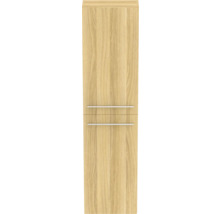 Holzfarbener Badezimmerschrank mit zwei Schubladen und Metallgriffen.