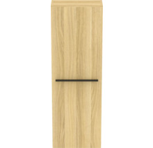 Holzfarbener Badezimmerschrank mit schwarzem Griff