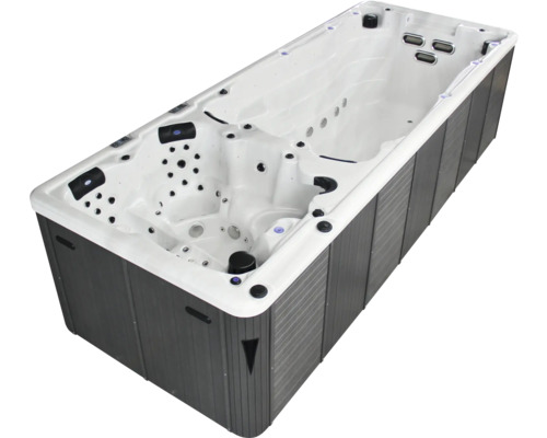 Spa de nage avec habillage gris et revêtement intérieur blanc.