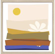 Gerahmtes abstraktes Landschaftsbild mit Sonne und stilisierter Blüte