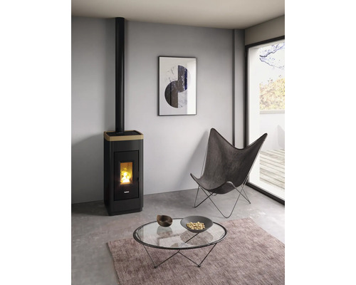 Wohnzimmer mit Pelletofen, Sessel und Couchtisch auf einem Teppich