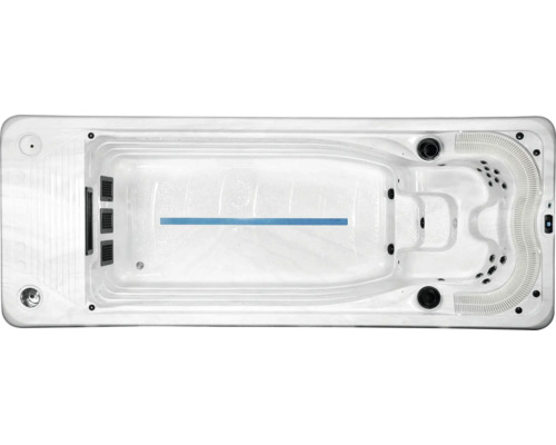 Aussenwhirlpool Sonnenkönig Pazifik weiss inkl. Anlieferung und Inbetriebnahme Aufnahme eines Swim Spa von oben, der zum Schwimmen und für Wellness dient.