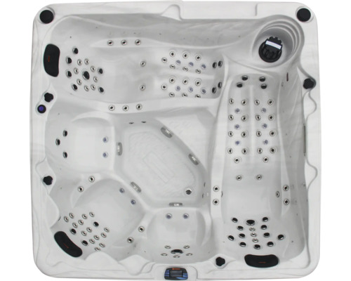 Aussenwhirlpool Sonnenkönig Aruba weiss inkl. Anlieferung und Inbetriebnahme Aufnahme eines Whirlpools von oben mit mehreren Sitzen und Düsen.