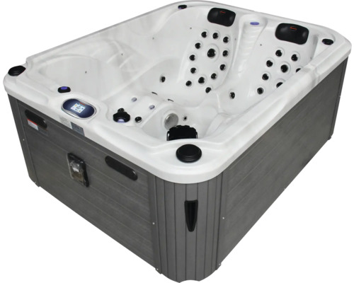 Whirlpool mit grauem Holzrahmen und Bedienfeld