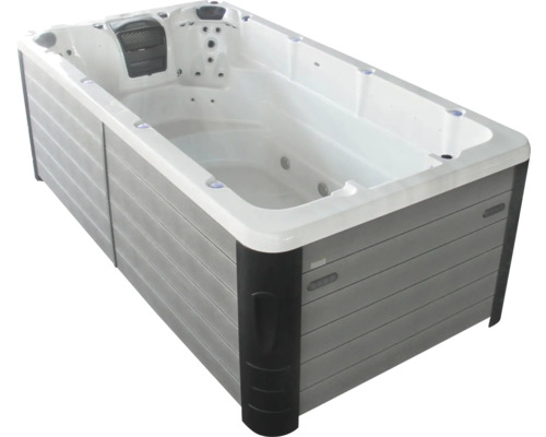 Schwimmspa mit grauer Aussenverkleidung und weissem Innenraum