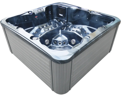 Quadratischer Whirlpool für den Außenbereich mit Düsen und Bedienelementen.